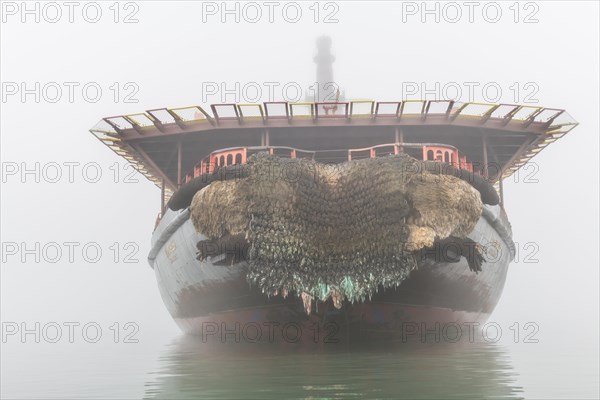 Icebreaker in the fog anchoring in Tikhaya bay on Hooker island