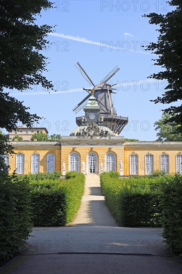 View of the dome of the new chambers with historic windmill behind it