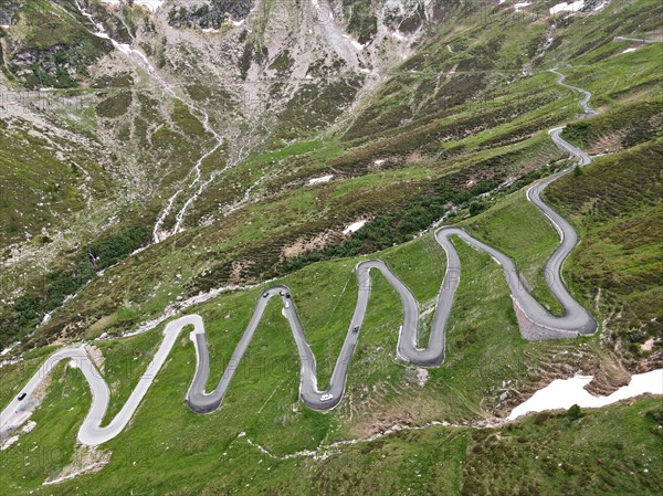 Aerial view of the serpentines on the north side of the Spluegen Pass