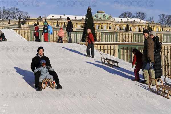 Tobogganing on the paths of the Sans Souci Palace