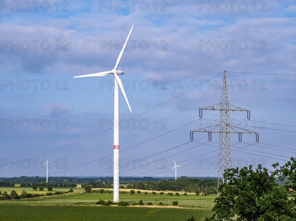 Wind turbines and power pylons at the Rundlingsdorf Gistenbeck
