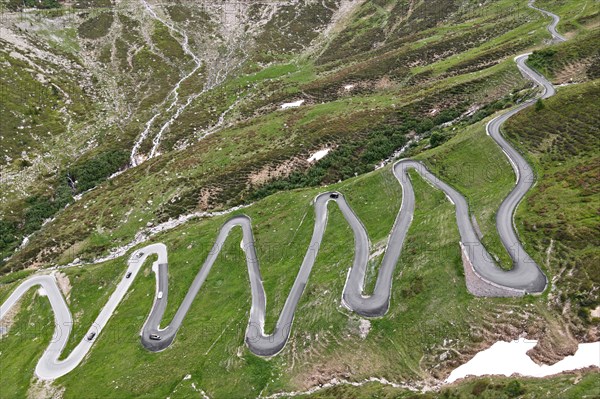 Aerial view of the serpentines on the north side of the Spluegen Pass