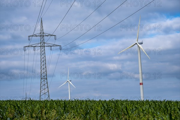 Wind turbines and power pylons at the Rundlingsdorf Gistenbeck