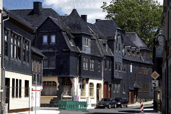 Town view with slate-roofed houses