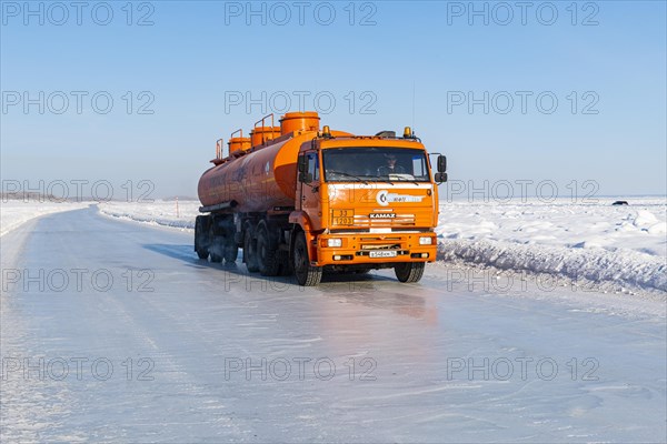 Truck on a Ice road on the frozen Lena river