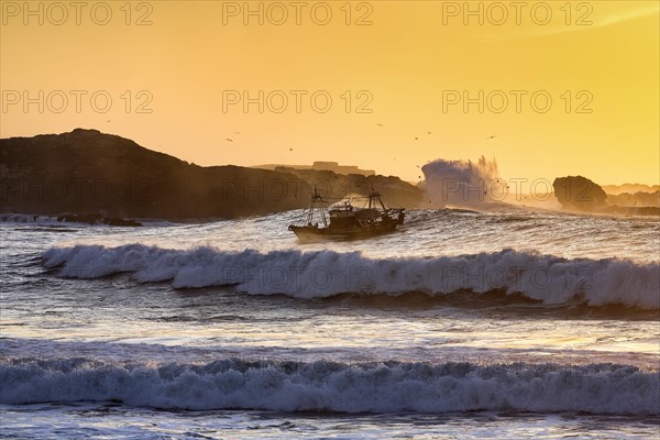 Fishing boat with seagulls in the surf