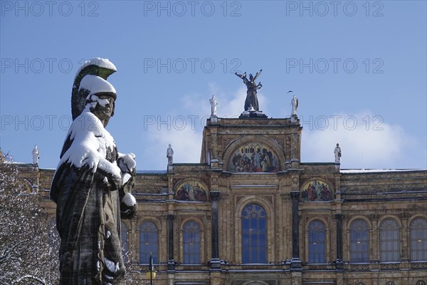 Maximiliansbruecke with statue of Pallas Athene and Maximilianeum