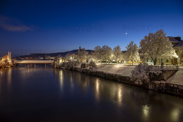 Aare view with wooden bridge in winter