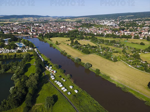 Drone shot of the river Weser with camper site