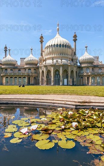 Royal Pavilion palace reflected in a pond with water lilies