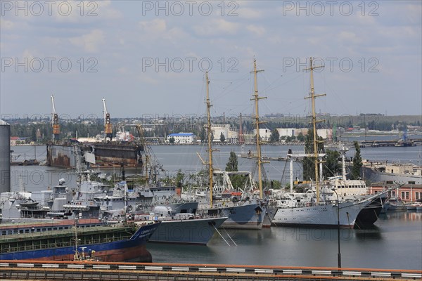 Naval port Odessa with windjammer Druzhba and decommissioned warships of the Black Sea Fleet