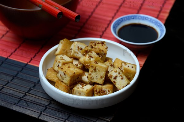 Fried tofu cubes in bowl