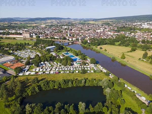 Drone shot of the river Weser with camper site and campground