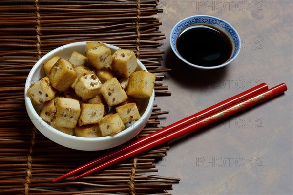 Fried tofu cubes in bowl