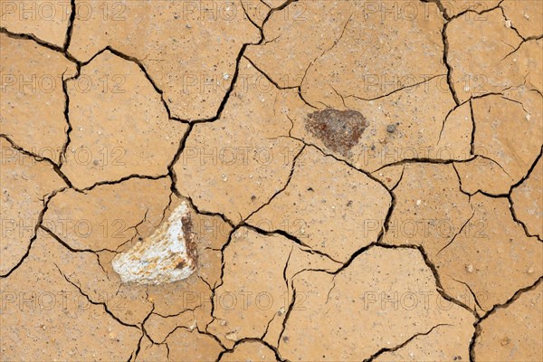 Cracks in the clay soil and coloured rhyolite rock