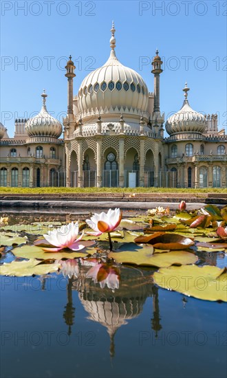 Royal Pavilion palace reflected in a pond with water lilies