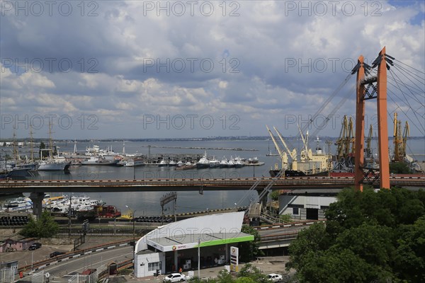 Naval port Odessa with windjammer Druzhba and decommissioned warships of the Black Sea Fleet