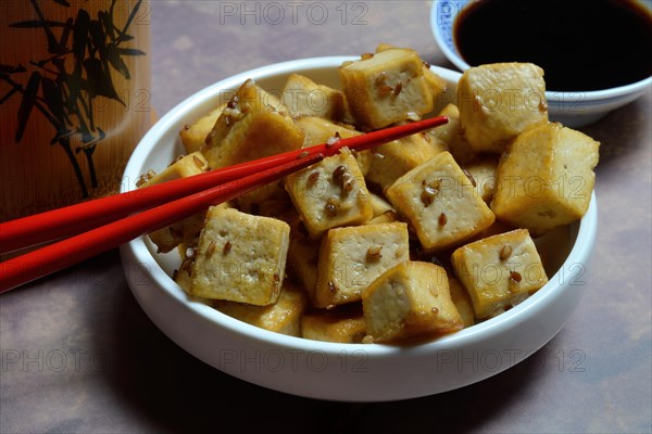 Fried tofu cubes in bowl