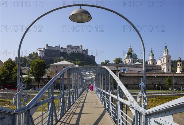 Mozartsteg over the Salzach river with a view of Salzburg's old town