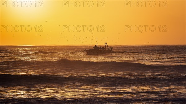 Fishing boat with seagulls in the surf