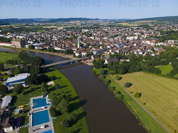 Drone shot of the Weser with outdoor pool and Holzminden