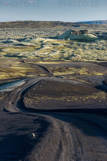 Unpaved road leads through moss-covered Laki Crater or Lakagigar