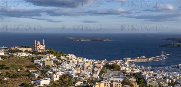 View from Ano Syros to the houses of Ermoupoli with the Anastasi Church or Church of the Resurrection