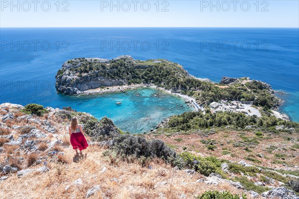 Young woman in red skirt