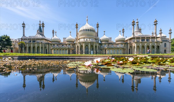 Royal Pavilion palace reflected in a pond with water lilies