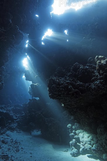 Sunbeams shining through reef top into cave in coral reef