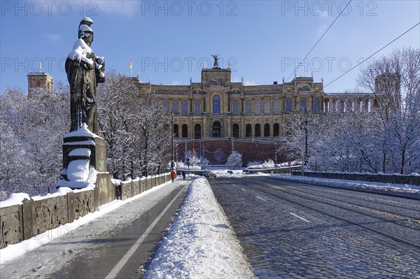 Maximiliansbruecke with statue of Pallas Athene and Maximilianeum