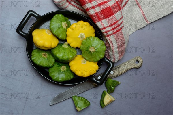 Patisson pumpkins in pot