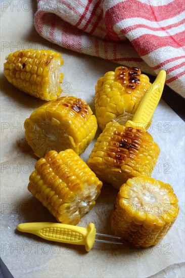 Roasted corn on the corn cob with corn on the cob holder