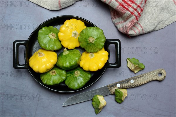 Patisson pumpkins in pot