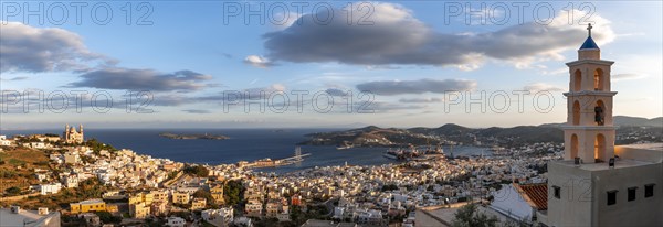 View from Ano Syros to the houses of Ermoupoli with the Anastasi Church or Church of the Resurrection