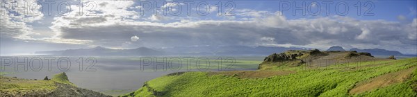 View from Hjoerleifshoefdi (Viking grave) over wide lava sand area to Vik