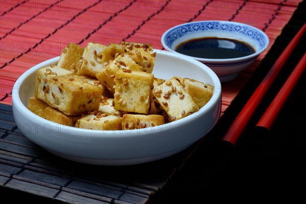 Fried tofu cubes in bowl