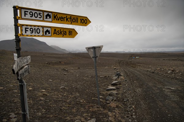 Unpaved highland road signpost Kverkfjoell Askja