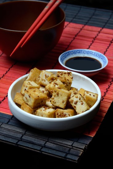 Fried tofu cubes in bowl