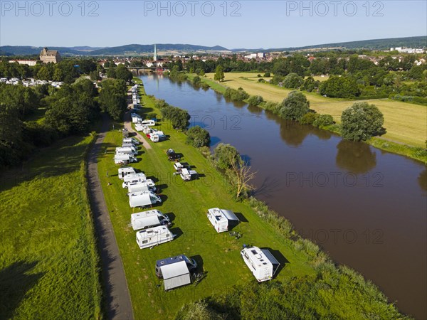 Drone shot of the river Weser with RV park