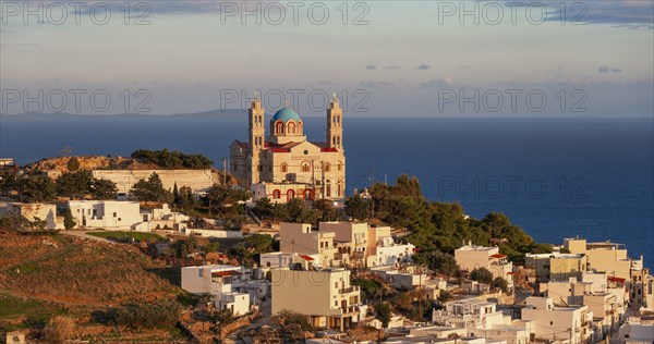 View from Ano Syros to the houses of Ermoupoli with the Anastasi church or Church of the Resurrection