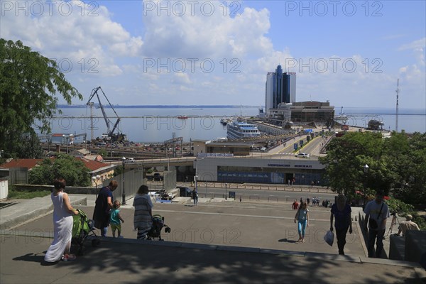 Potemkin stairs and passenger terminal in the port with prams