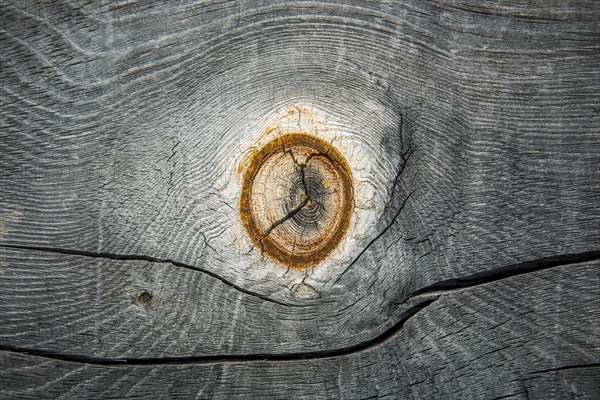 Weathered wood with knothole at an alpine hut