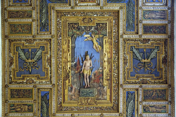 Wooden coffered ceiling of the Basilica of San Sebastiano fuori le mura on the Via Appia Antica