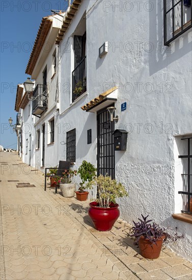 Colorful flowerpots outside white houses of Altea Old Town