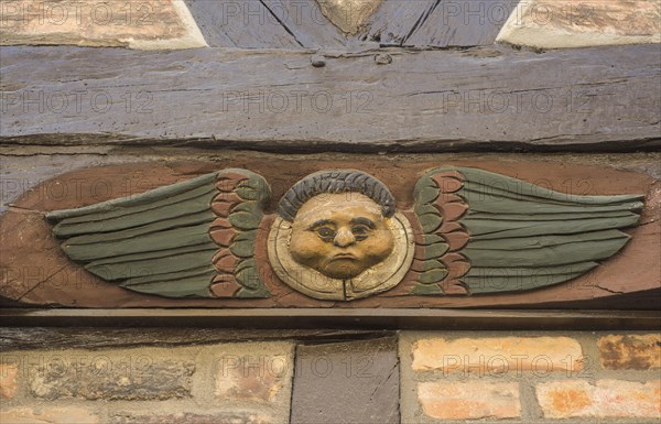 Carved angel figure on the front of the old famous half-timbered house 'Angel house' or 'Hans Raffns house' build 1573 in Ystad