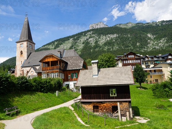 Altaussee church and typical wooden architecture in the Fischerndorf quarter