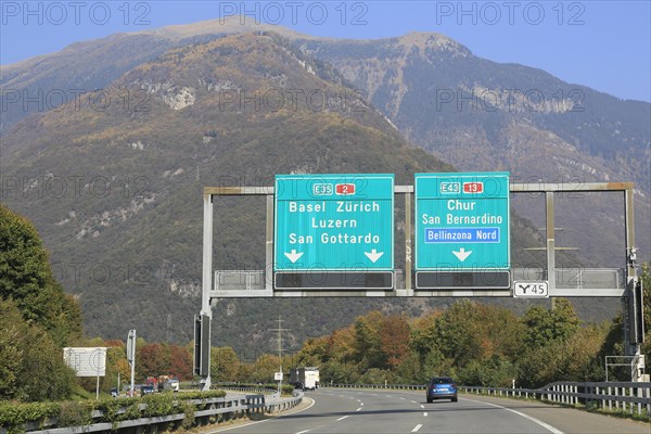 A2 E35 motorway near Bellinzona shortly in front of the junction to the Gotthard Pass or San Bernardino Pass A13 E43