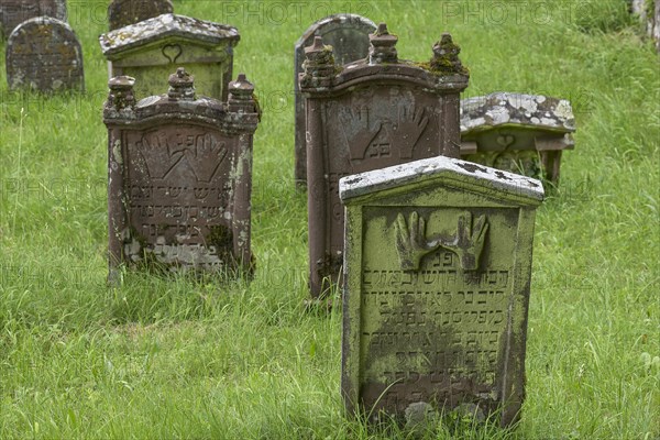 Gravestones with the symbol of the Priests' hands at the historic Jewish Cemetery