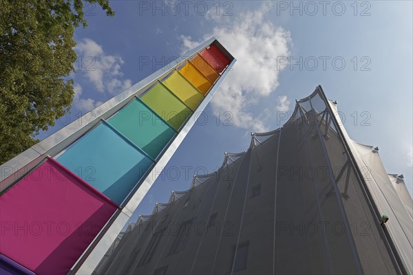 Colour tower by Heinz Mack in front of the Textile Academy of North Rhine-Westphalia